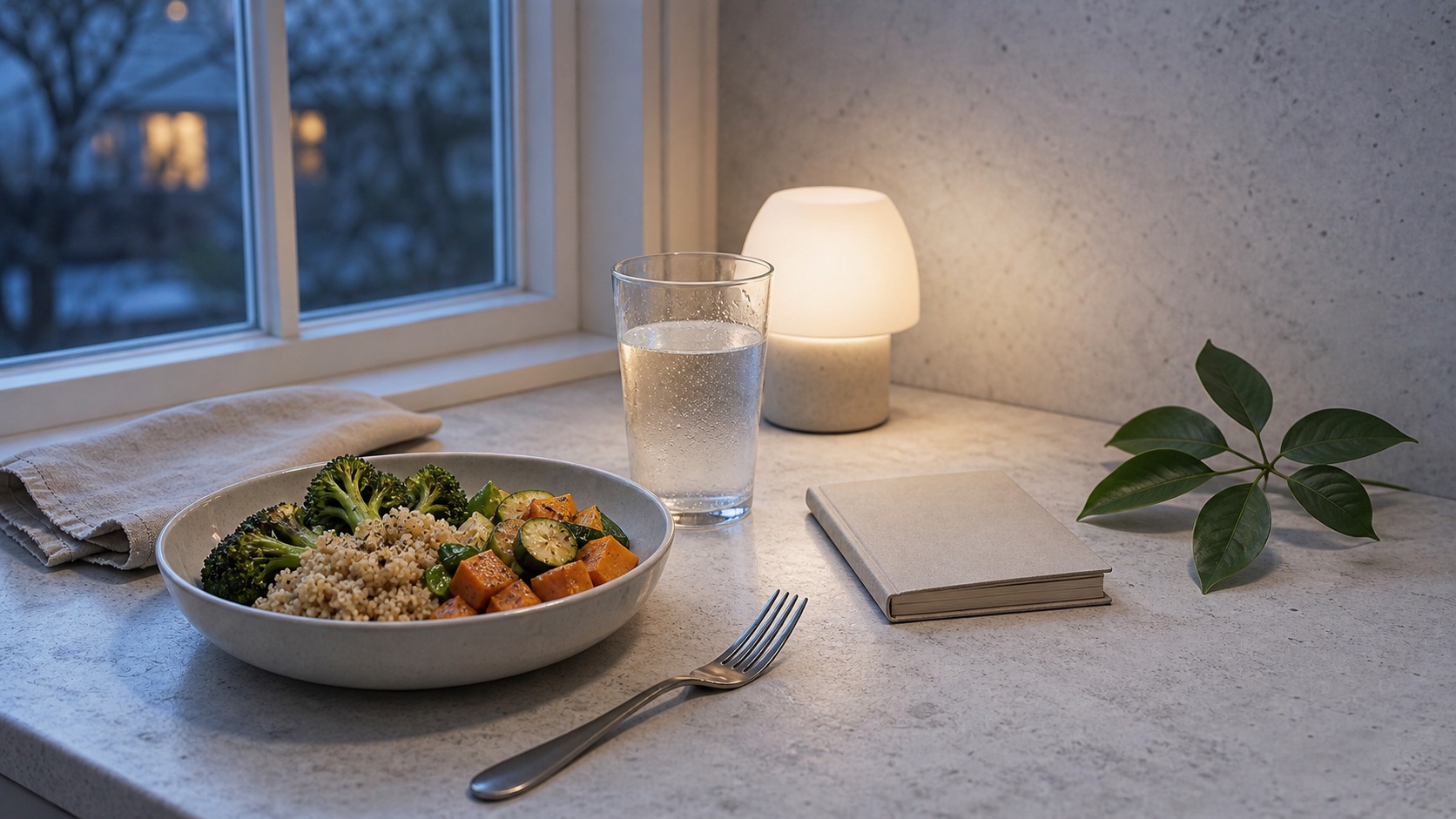 A simple evening meal, water, and an unmarked notebook by a window