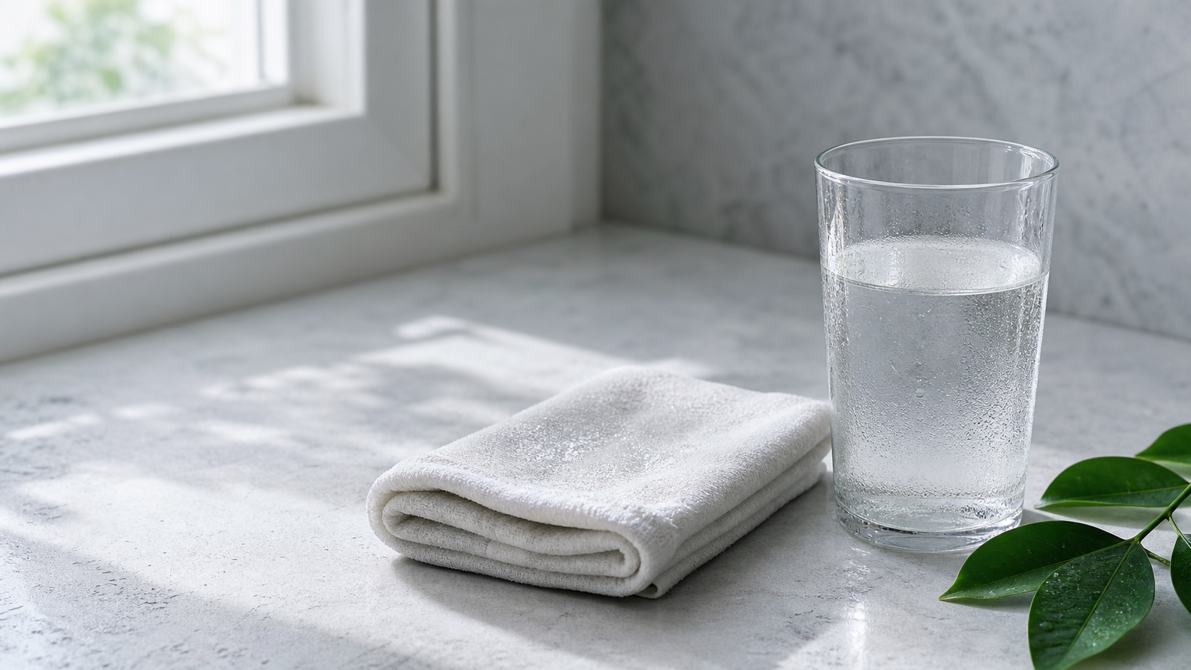 A folded clean cool compress beside a glass of water in soft morning light
