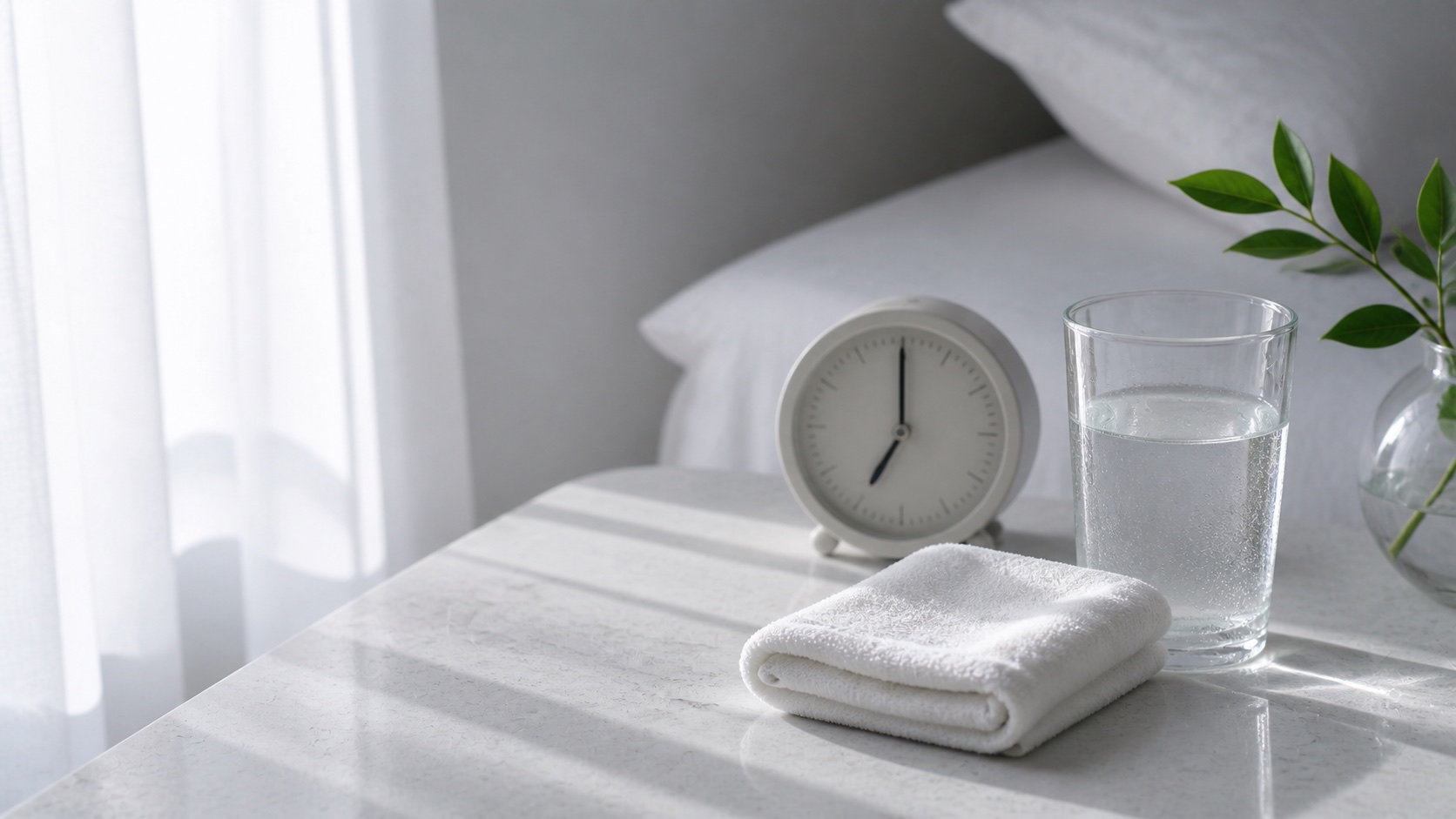 A morning clock, glass of water, and folded clean towel beside a bed
