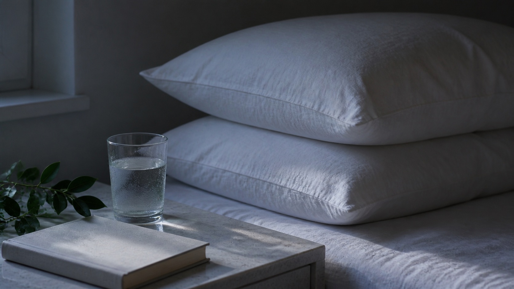 Two clean pillows, a glass of water, and a closed book in quiet evening light