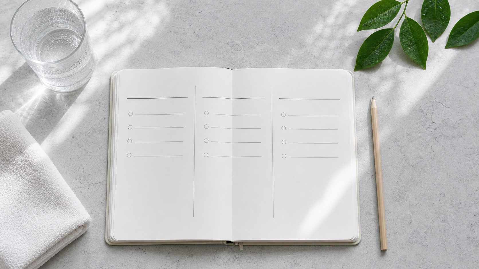A blank three-part check-in notebook with a pencil, water, and a folded towel